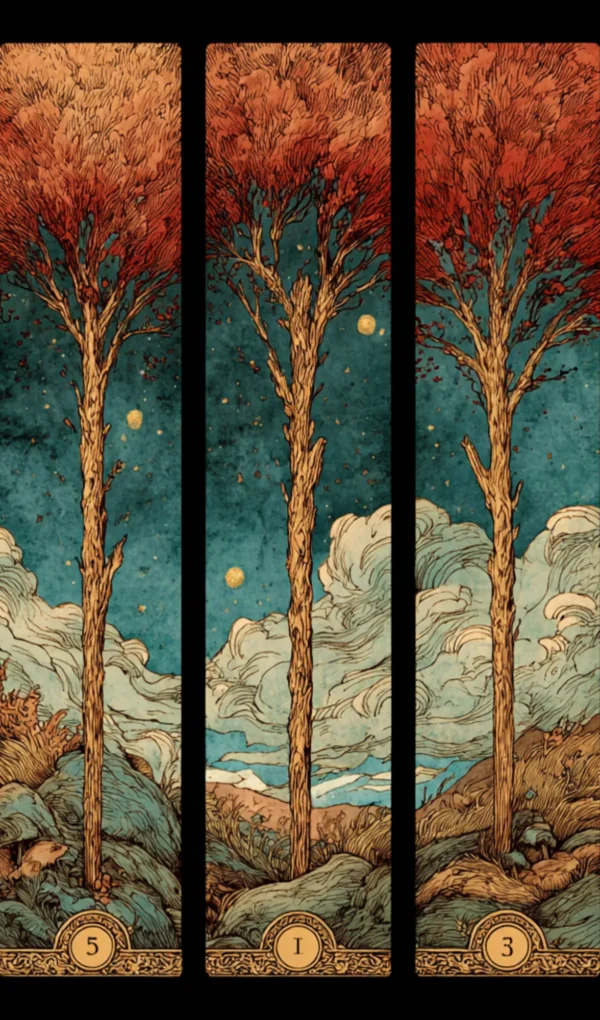 Τρία Μπαστούνια κάρτα ταρώ όρθια: Ένας άνδρας στέκεται στην κορυφή ενός λόφου κοιτάζοντας πλοία στη θάλασσα, με τρία ραβδιά δίπλα του. Συμβολίζει την επέκταση, τα επαγγελματικά ταξίδια και την αναμονή αποτελεσμάτων.