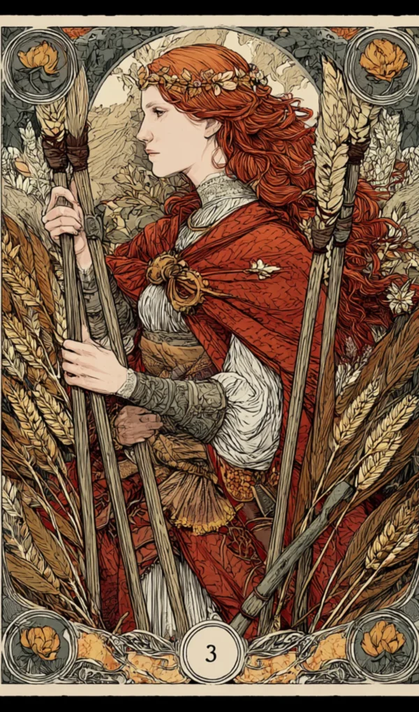 Τρία Μπαστούνια κάρτα ταρώ όρθια: Ένας άνδρας στέκεται στην κορυφή ενός λόφου κοιτάζοντας πλοία στη θάλασσα, με τρία ραβδιά δίπλα του. Συμβολίζει την επέκταση, τα επαγγελματικά ταξίδια και την αναμονή αποτελεσμάτων.